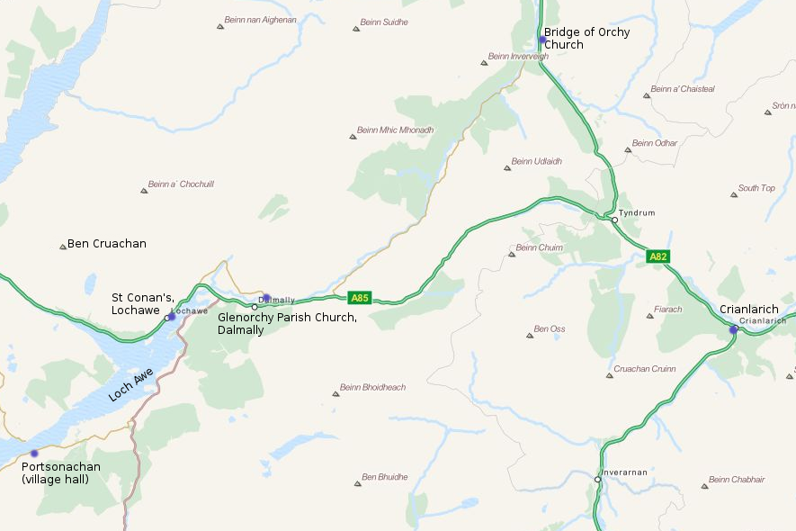 Map of churches in the parishes of Glenorchy and Innishael linked with Strathfillan